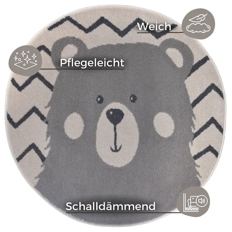 Hanse Startseite Abenteuer Kinder's Teppich Rund Bär Creme Grau