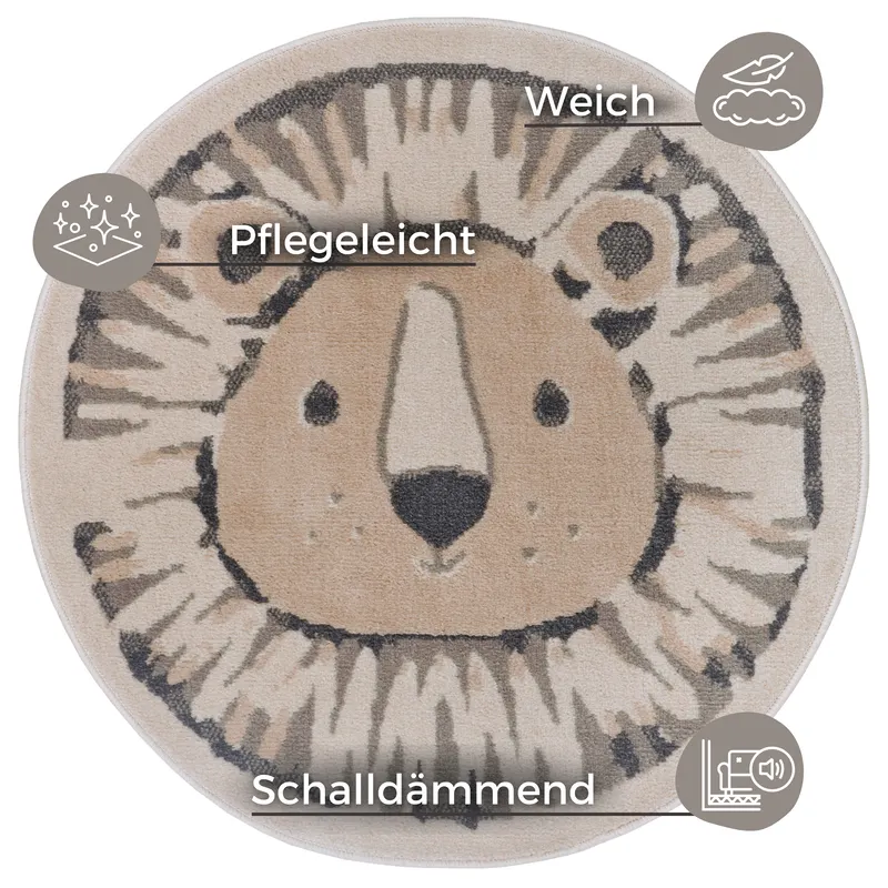 Hanse Home Adventures Kinderteppich Rund Lion Creme Grau