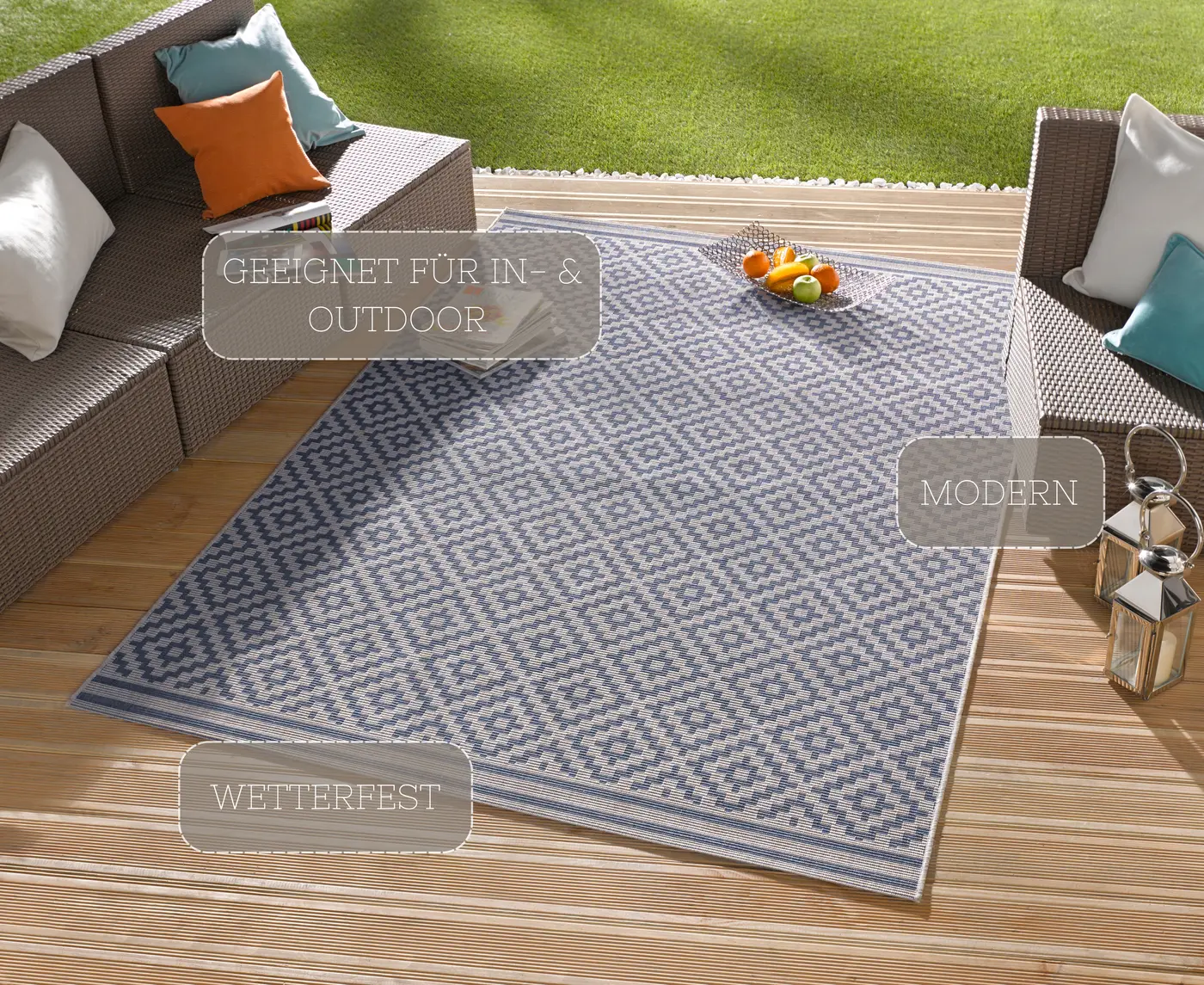 Hanse Home Meadow In- & Outdoorteppich Raute Blau Creme – Ansicht 3