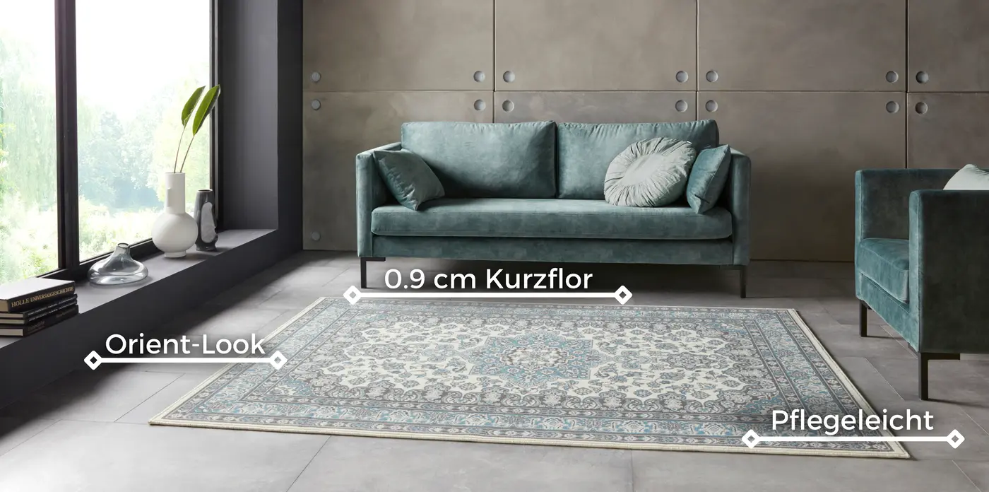 Hanse Home Mirkan Kurzflor Teppich Parun Täbriz Creme Himmelblau – Ansicht 3