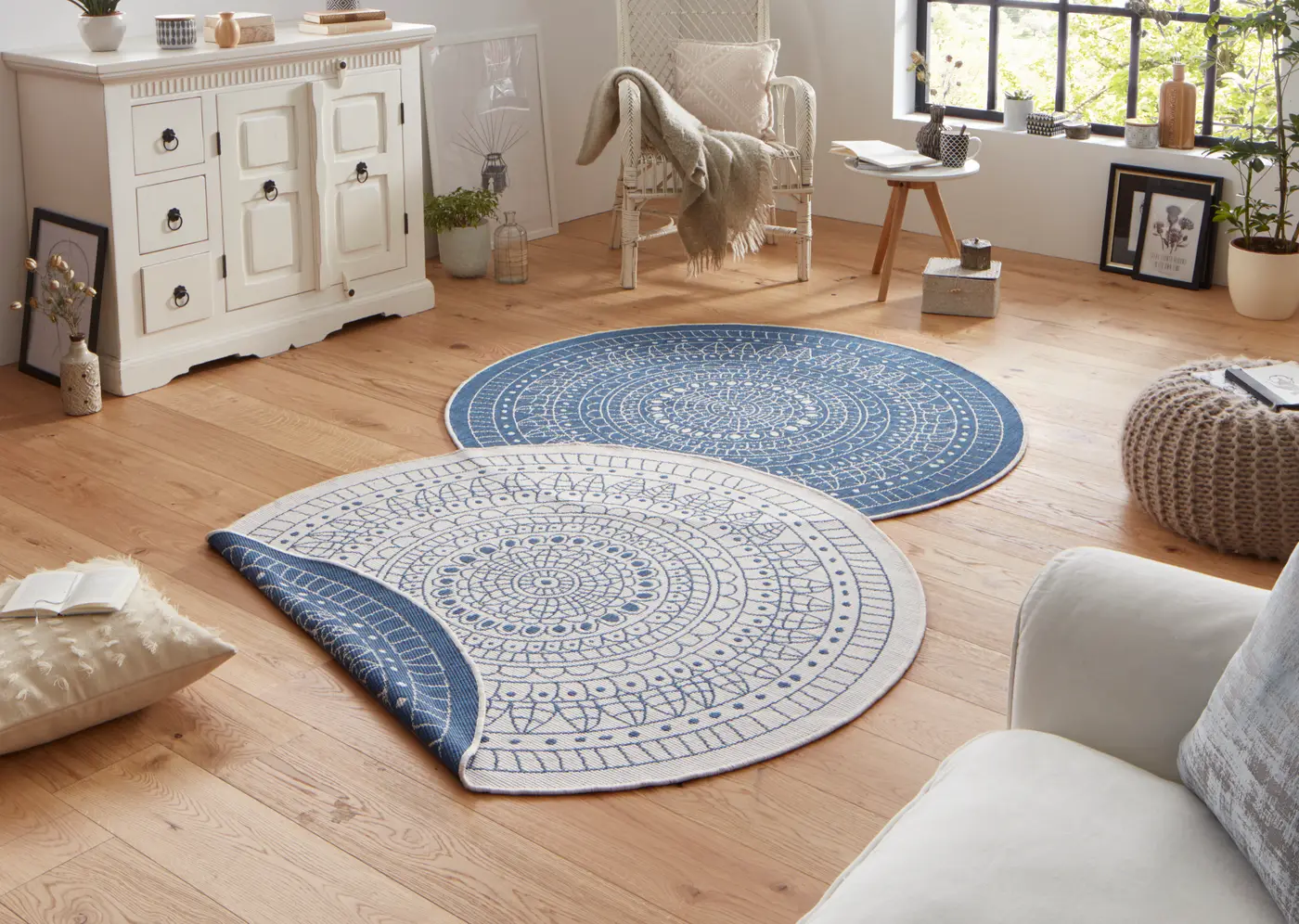 Hanse Home Twin Wendeteppiche In- & Outdoorteppich Rund Porto Creme Blau – Ansicht 2