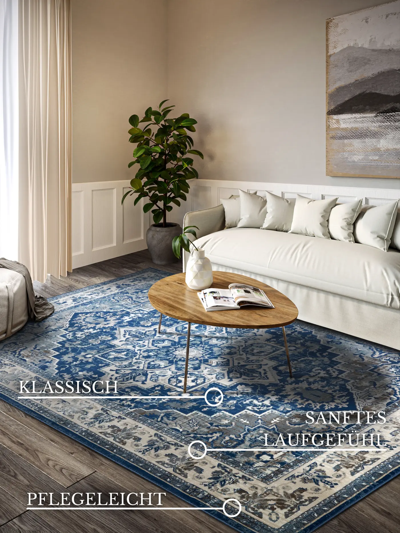 Villeroy & Boch 1869 Kurzflor Teppich Jehanne Blau Creme – Ansicht 3