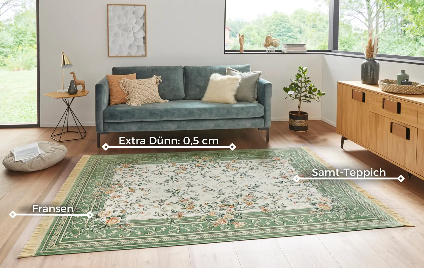 Hanse Home Naveh Kurzflor Teppich Antik Flowers Creme Grün – Ansicht 3