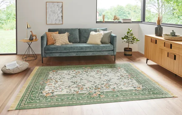 Hanse Home Naveh Kurzflor Teppich Antik Flowers Creme Grün