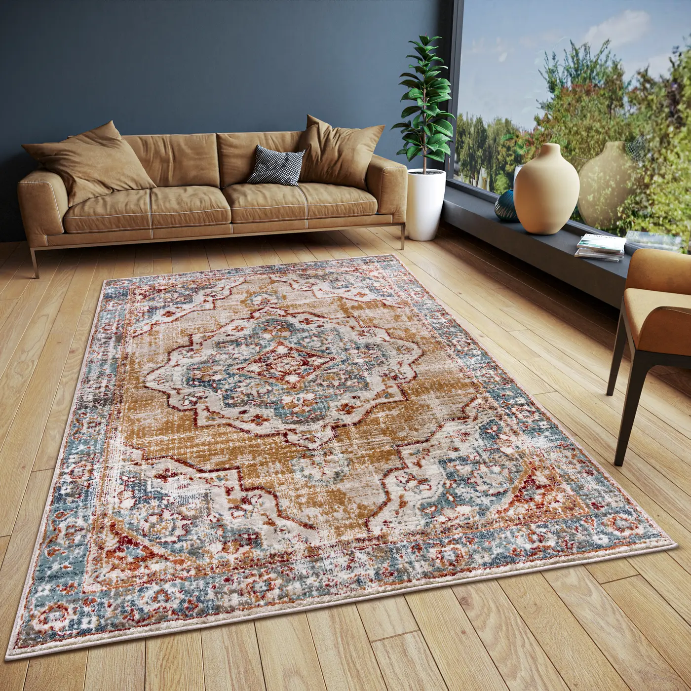 Hanse Home Luxor Kurzflor Teppich Strozzi Beige Blau – Ansicht 2