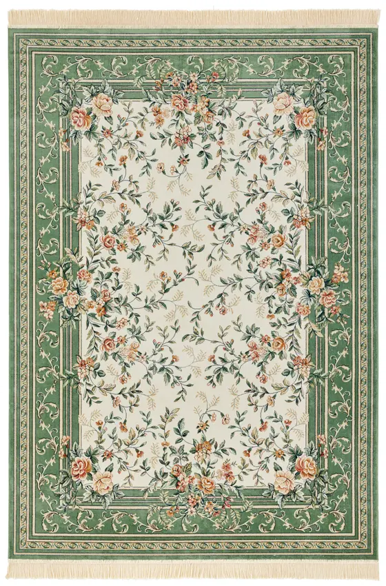 Hanse Home Naveh Kurzflor Teppich Antik Flowers Creme Grün