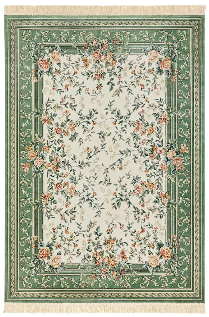 Hanse Home Naveh Kurzflor Teppich Antik Flowers Creme Grün