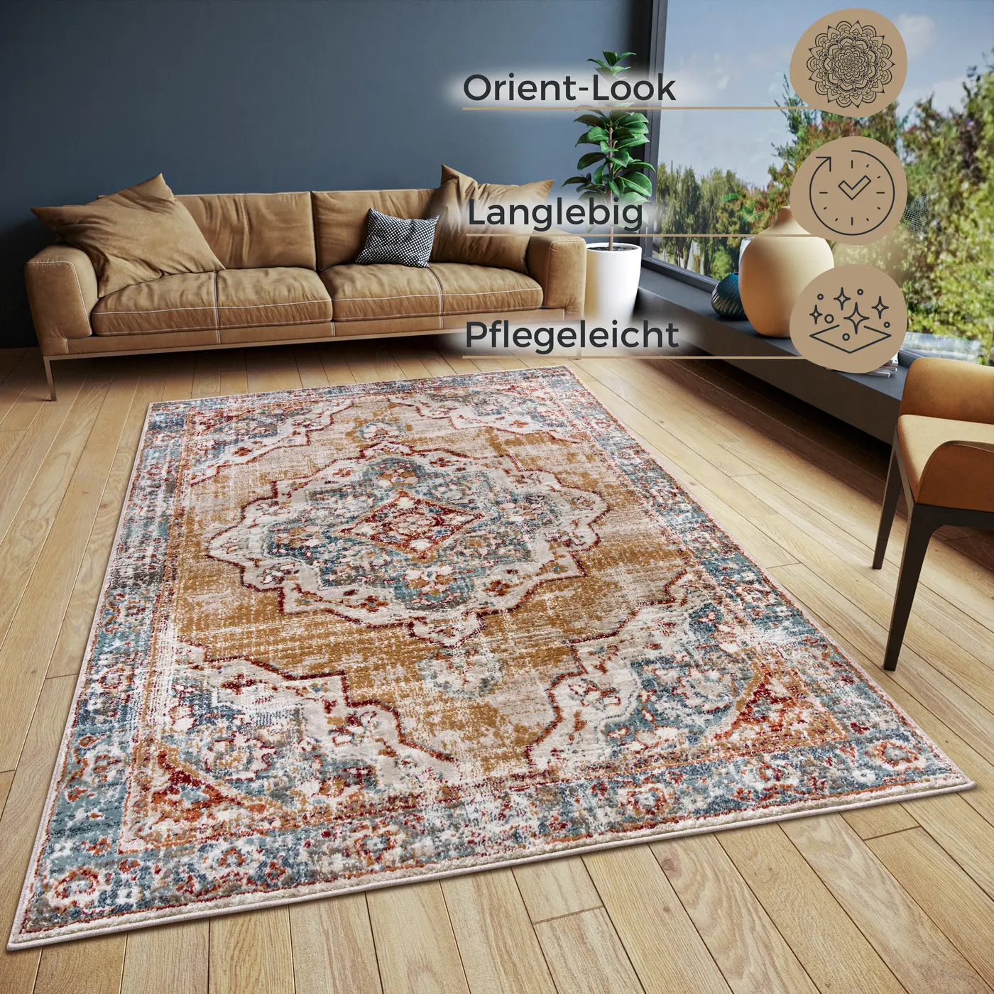 Hanse Home Luxor Kurzflor Teppich Strozzi Beige Blau – Ansicht 3