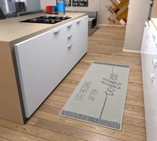 Hanse Startseite Küche Anti-Slip Läufer Leben Beginnt Nach Kaffee Creme Grau