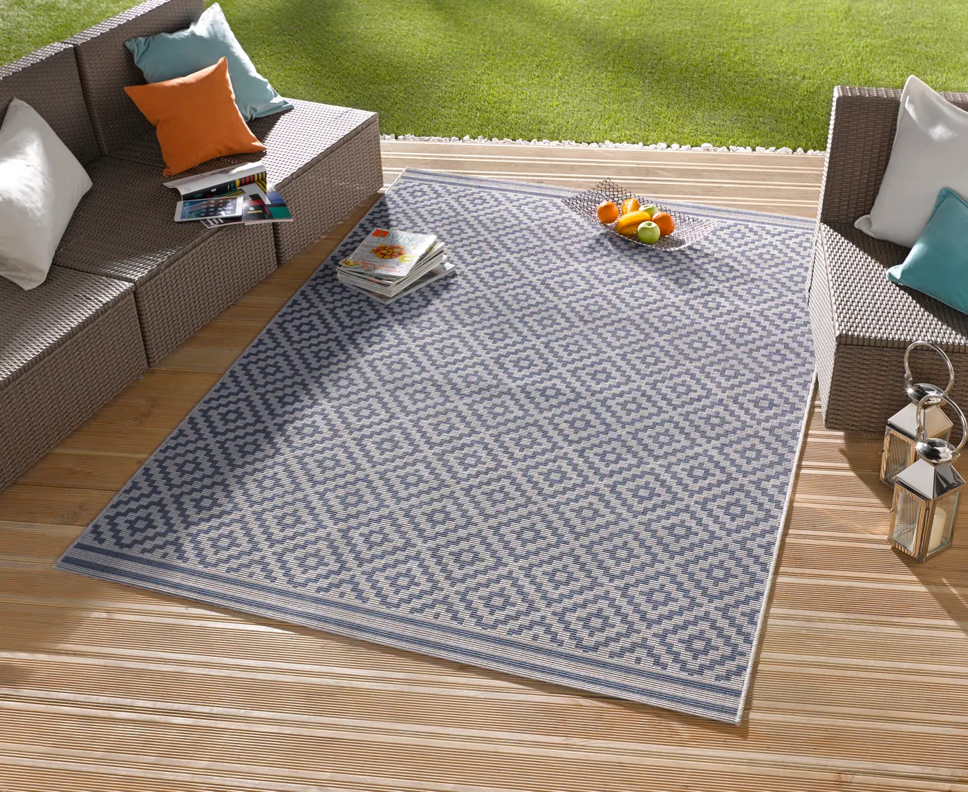Hanse Home Meadow In- & Outdoorteppich Raute Blau Creme – Ansicht 2