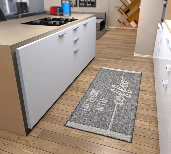 Hanse Home Cucina Anti-Slip Läufer Life Begins After Coffee Grau Creme