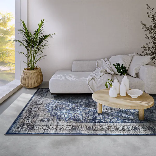 Hanse Startseite Asien Shortpile Teppich Aurora Dunkelblau Creme