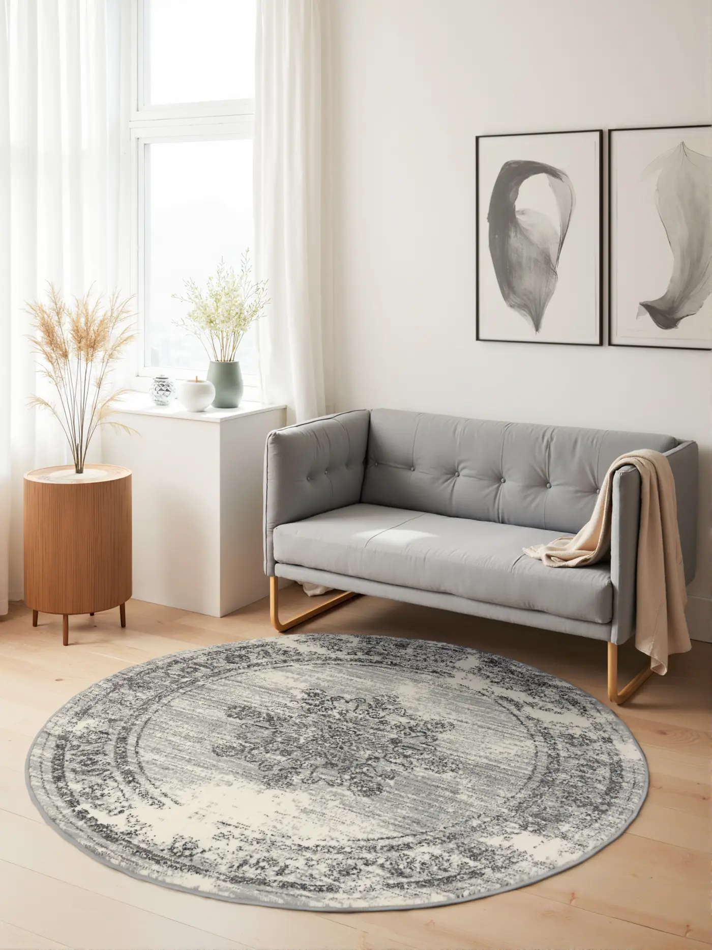 Hanse Home Gloria Kurzflor Teppich Rund Lydia Creme Grau – Ansicht 2