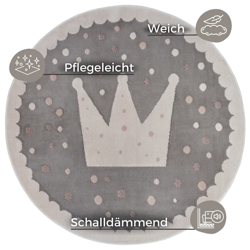 Hanse Startseite Abenteuer Kinder's Teppich Rund Krone Grau Creme