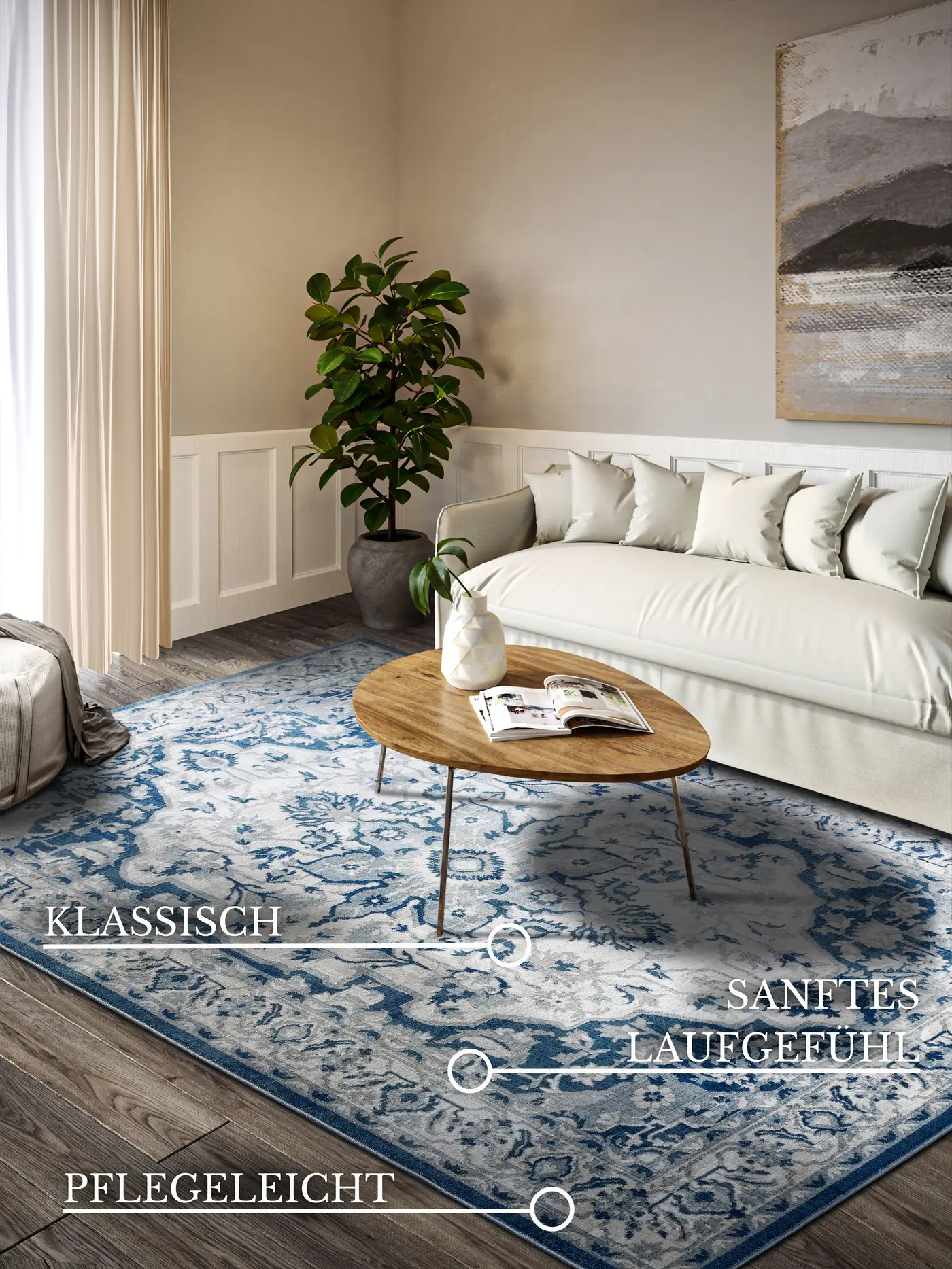 Villeroy & Boch 1869 Kurzflor Teppich Gabrielle Creme Blau – Ansicht 3