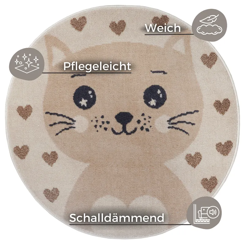 Hanse Home Adventures Kinderteppich Rund Cat Creme Beige