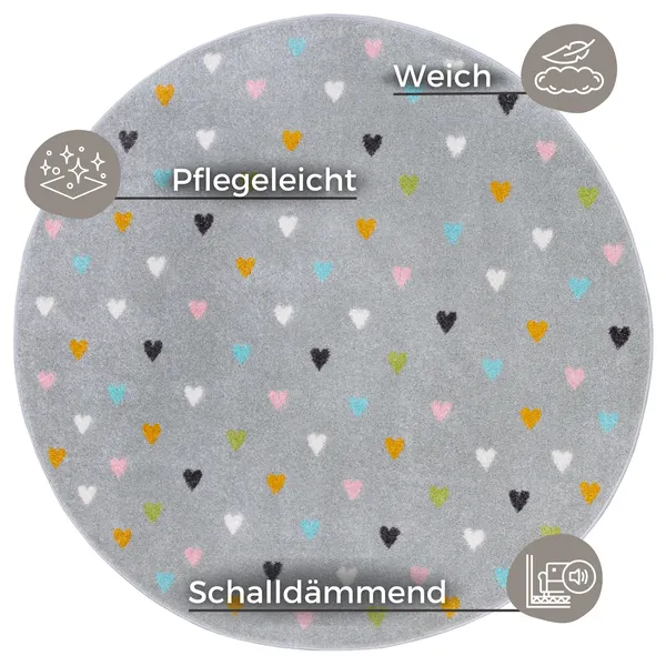 Hanse Startseite Abenteuer Kinder's Teppich Rund Kleine Herzen Grau