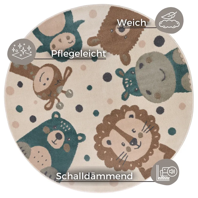 Hanse Home Adventures Kinderteppich Rund Animal Party Creme Braun Blau