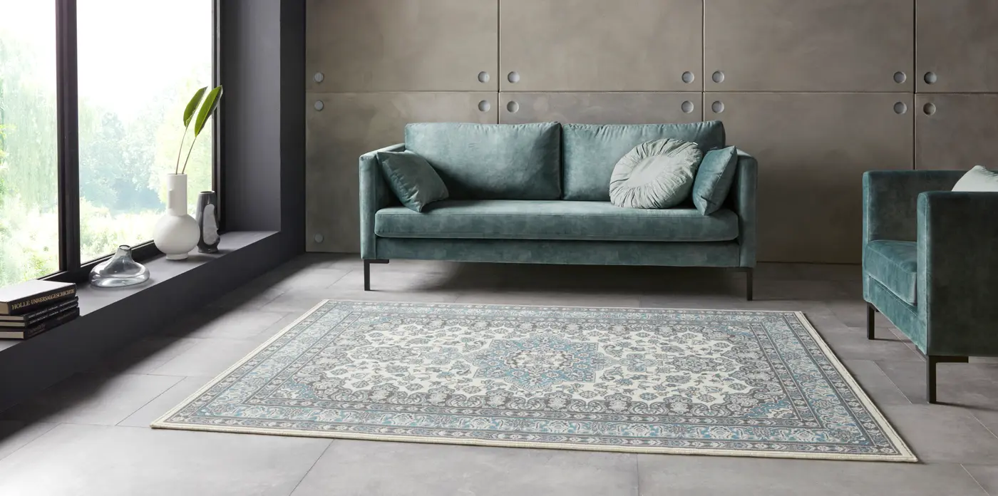 Hanse Home Mirkan Kurzflor Teppich Parun Täbriz Creme Himmelblau – Ansicht 2